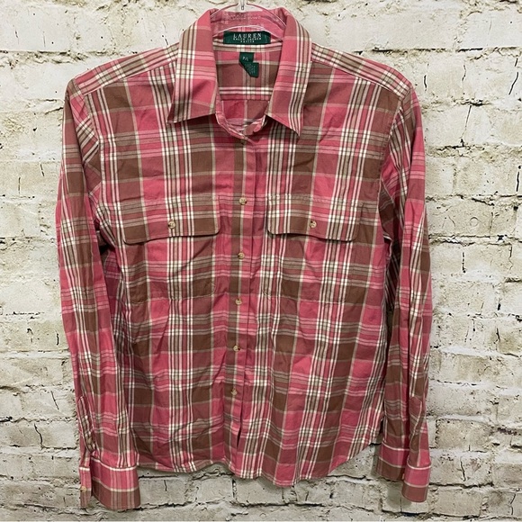Lauren Ralph Lauren Pink Tan Plaid Cotton Button Up - Picture 1 of 4